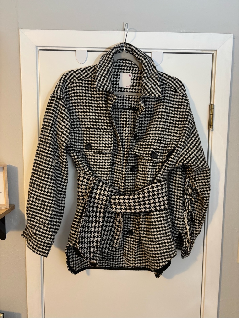SO Black & White Houndstooth Belted Blazer Jacket